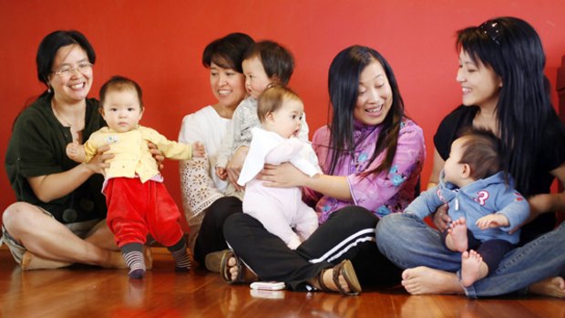 Bilingual  group: (from left) Ivy Wen with Charlie-Rose, Stella Wong with Ethan, Marish Theeboom with Stella and Eva Duong with Eran.