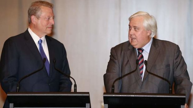 Clive Palmer, pictured with former US vice president Al Gore last week, says all senators in the Palmer United Party support the renewable energy target unchanged.