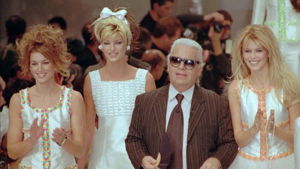 Cindy Crawford (left) was one of Karl Lagerfeld's favourite supermodels. Also pictured are Linda Evangelista (second left) and Claudia Schiffer, in 1995.