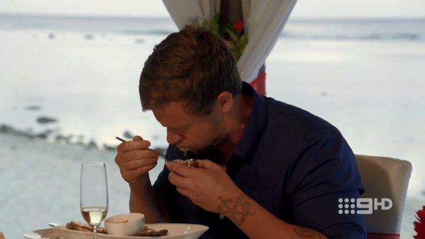 No aphrodisiac: Ryan spitting out oyster proves too much for Davina.