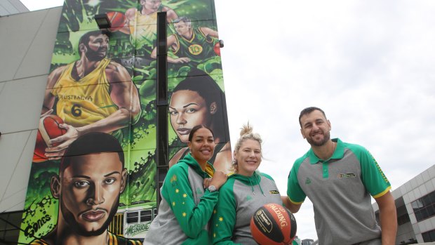 Super stars: Liz Cambage, Lauren Jackson and Andrew Bogut pose in front of a Marvel Stadium mural to promote the 2019 NBL finals.