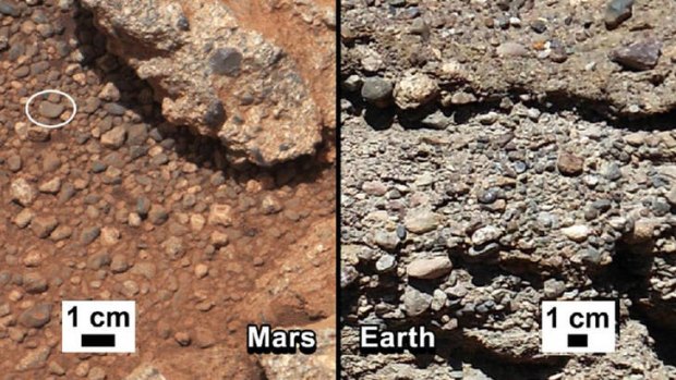 This image provided by NASA shows shows a Martian rock outcrop near the landing site of the rover Curiosity thought to be the site of an ancient streambed, next to similar rocks shown on earth.