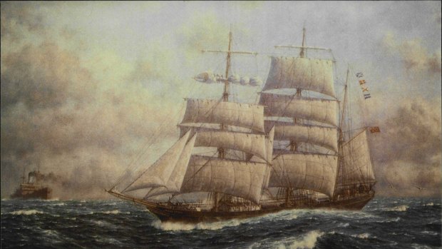 Under full sail: A reproduction of a painting of the James Craig by Oswald Brett. 