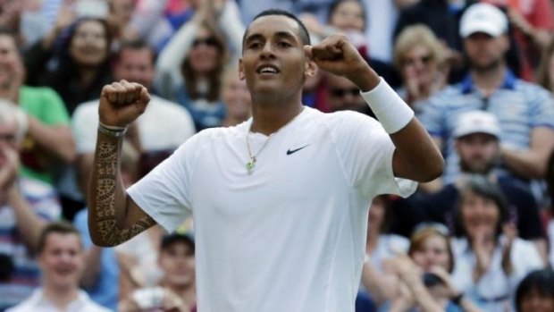 Australia's Nick Kyrgios of Australia celebrates defeating Rafael Nadal of Spain.