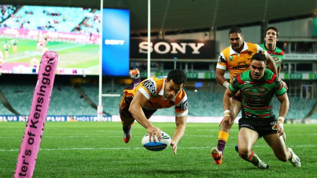 Try time: Brisbane's Jordan Kahu dives over to score against the South Sydney Rabbitohs in 2015.
