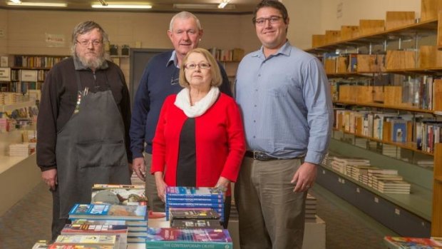 Clouston and Hall booksellers owners Tom, Sally and Jack Clouston with manager Rod Howell, left.