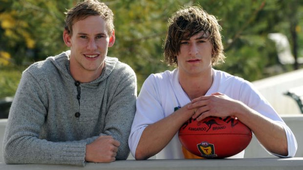Family ties: St Kilda rookie Jimmy Webster and his brother Zac (Tasmanian under 18s) together at Arden Street.