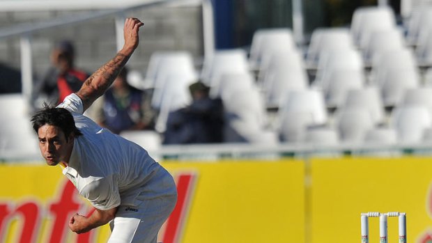 Slinging his hook: Mitchell Johnson bowls in South Africa before being injured and losing his place in the Australian team.