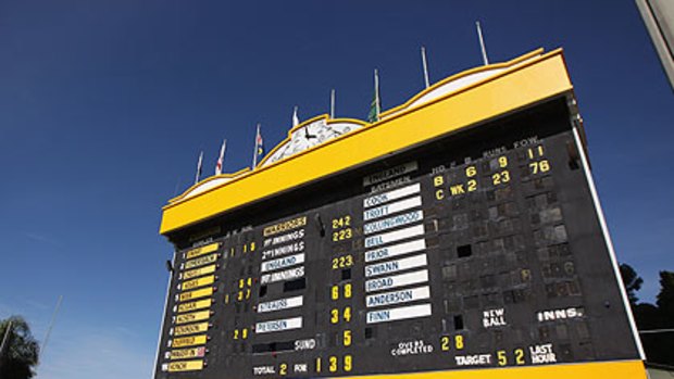 The WACA scoreboard is one of only two manual scoreboards remaining at Australian cricket grounds.