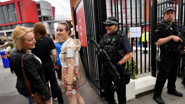 Armed police have been placed around Old Trafford Cricket Ground since the Manchester Arena suicide bombing which killed 22 people. 