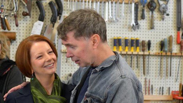 Prime Minister Julia Gillard chats with Stuart at the Glen Park Mens' Shed in Bayswater North yesterday.