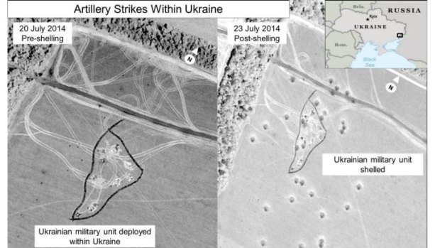 The US says this shows a before and after close-up of an artillery strike in Ukraine.