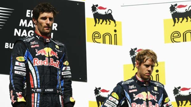 Tense times ... Mark Webber on the podium at the Hungarian GP.