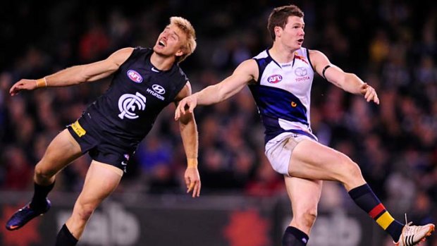 Adelaide's Patrick Dangerfield - pictured here getting the better of Carlton's Dennis Armfield - has been one of the season's best players.