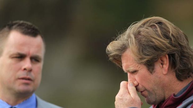 On the nose ... suspended Manly coach Des Hasler with club chief executive David Perry at training in August. Hasler was to have coached the Sea Eagles next year but has been stood down for breach of contract.