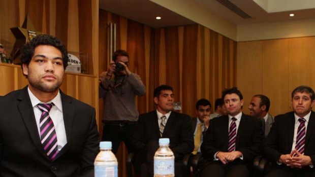 Facing the music ... Melbourne’s Adam Blair fronts the judiciary to answer for  last Friday’s fight night  at Brookvale, with Kiwis coach Stephen Kearney, second left, in support.