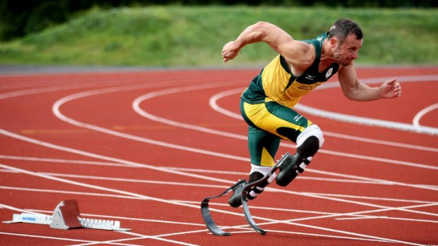 The "Blade Runner" ... South Africa's Oscar Pistorius during a training session on Monday ahead of the Paralympic Games.
