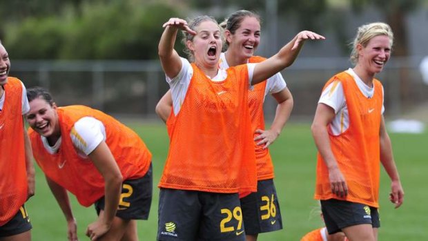 Canberra United Captain Ellie Brush shares a lighthearted moment with the Matildas squad.