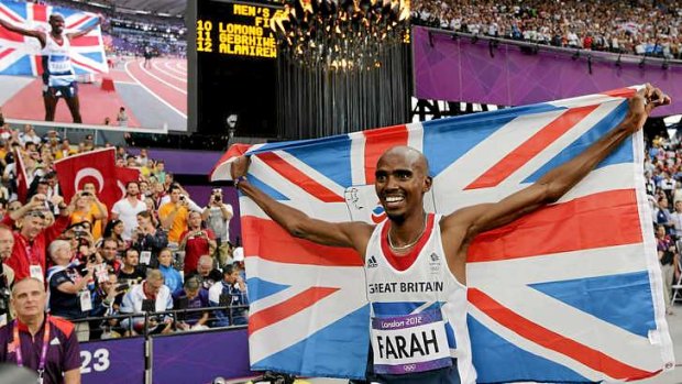 Mo Farah celebrates after winning the gold medal in the men's 5000 metres at the London Olympics.