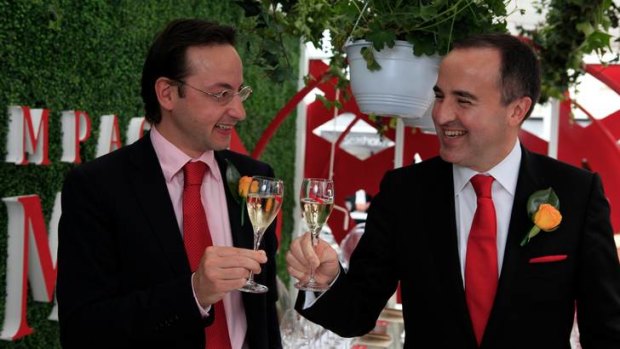 Cheers ... Philippe Guettat, right, chief executive of Martell Mumm Perrier Jouet, and Julien Hemard at the Melbourne Cup.