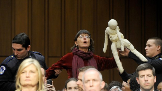 A Demonstrator disrupts the confirmation hearing of John Brennan, US President Barack Obama's nominee to be director of the Central Intelligence Agency.