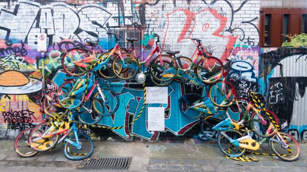 oBikes have been turned into public art, such as this effort in Fitzroy.