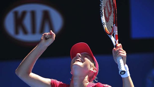 Delight: Ekaterina Makarova after winning her match against Serena Williams.