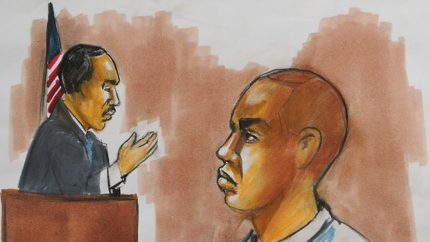 In this artist's sketch, Nigerian bombing suspect Umar Farouk Abdulmutallab (right) appears before Judge Bernard Friedman (left) in Federal Courthouse January 8, 2010 in Detroit, Michigan.