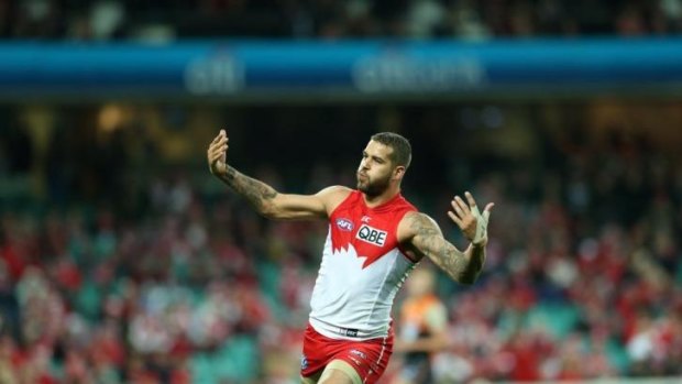 Celebrate good times, come on: Swans spearhead Lance Franklin reacts after potting a major.