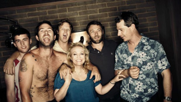 Jackie Weaver on the set of <i>Animal Kingdom</i> with her 'boys'; James Frecheville, Sullivan Stapleton, Luke Ford, Joel Edgerton and Ben Mendelsohn