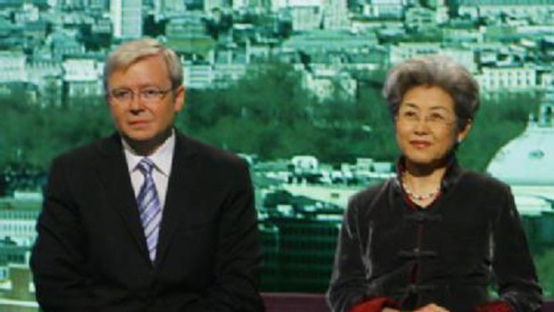 Kevin Rudd on BBC television with the Chinese ambassador to Britain, Madam Fu Ying.
