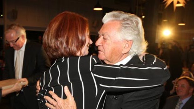 ‘‘Not ashamed to say I take Bob Hawke as a role model’’ ... Julia Gillard with Bob Hawke at the launch of his wife’s biography.