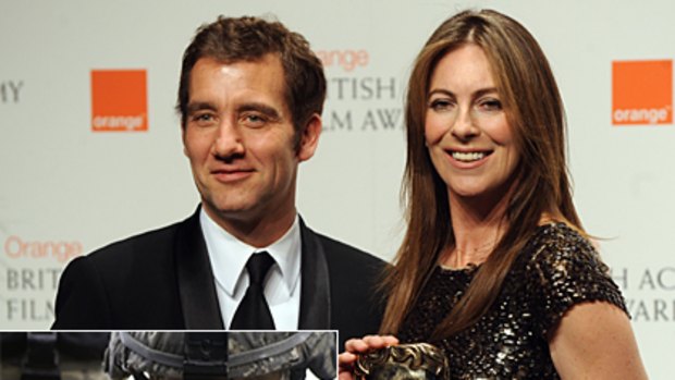 US director Kathryn Bigelow, with actor Clive Owen, after winning the BAFTA for Best Director for The Hurt Locker (inset).