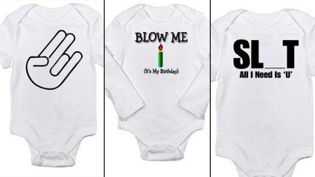 Some of the controversial designs that appear on the baby bodysuits.