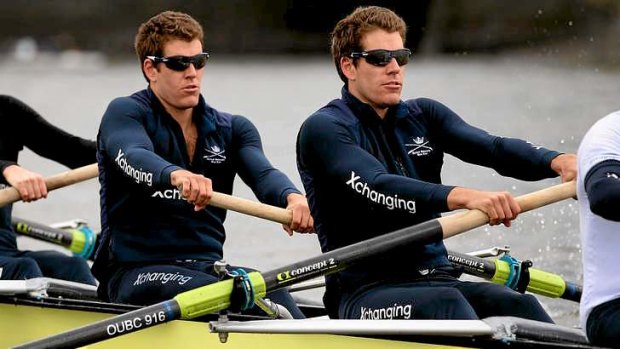 Olympic rowers Tyler  and Cameron Winklevoss in action.