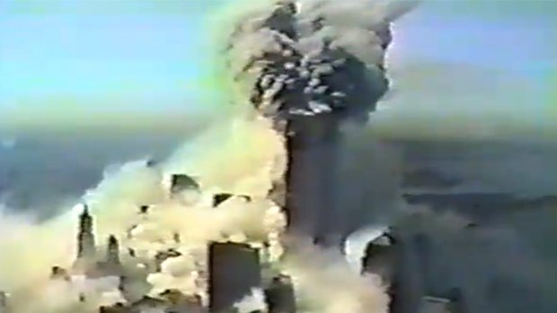 A still from the video shows the devastation after the first tower collapsed.