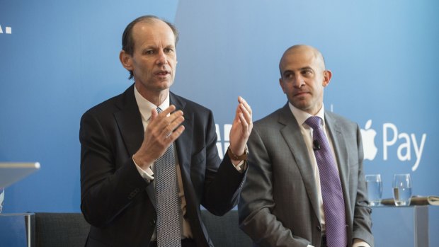 ANZ chief Shayne Elliott at ANZ's Apple Pay launch in April, with products and marketing director Matt Boss. 