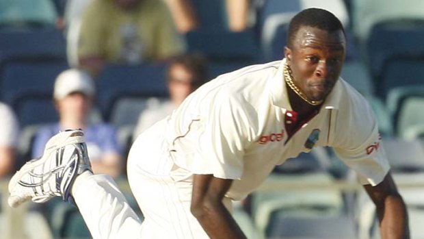 Kemar Roach fires one down at Ricky Ponting during the third Test at the WACA in December 2009.