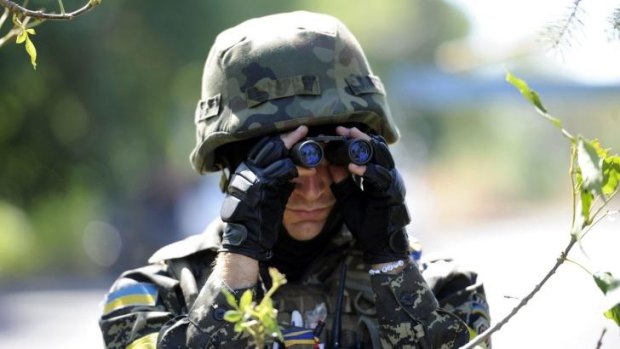 A member of Ukrainian volunteer battalion Dnipro looks through binoculars near the small southern Ukrainian city of Novoazovsk near Donetsk region.