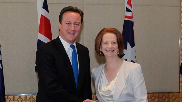 Bilateral talks &#8230; Britain's David Cameron with Julia Gillard.