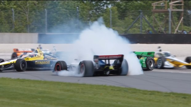 IndyCar teammates collide in first turn tangle