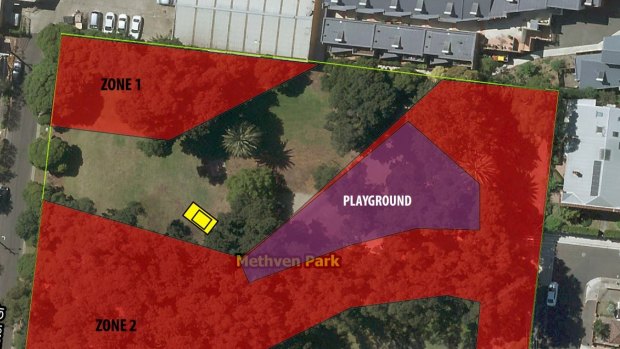 Methven Park in Brunswick East. The proposed toilet block that has enraged residents is marked in yellow.