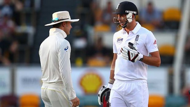 Michael Clarke and Jimmy Anderson exchange words during day four of the First Ashes Test.