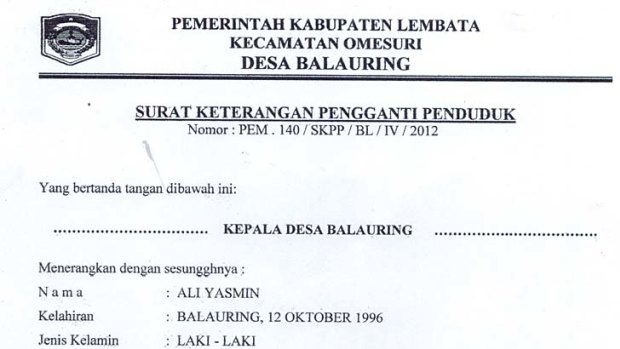 Documents verifying the 1996 birthdate of Ali Jasmin.