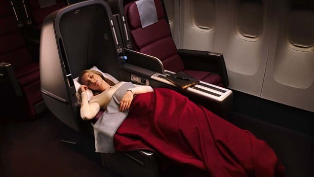 Seeking the full 180 degrees ... a lie-flat business class seat on a Qantas A380.