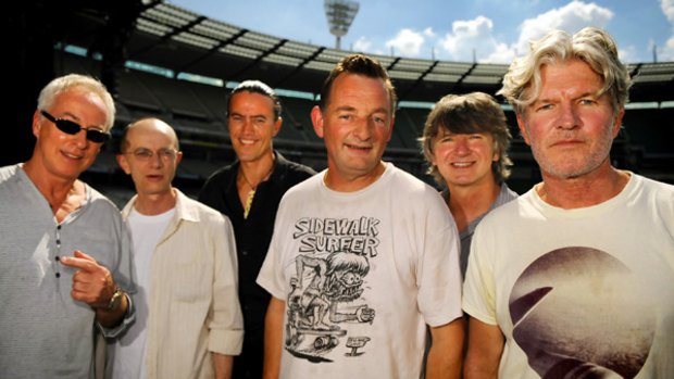 Split once more means together again: The band (from left) Eddie Rayner, Nigel Griggs, Michael Barker, Noel Crombie, Neil Finn and Tim Finn.