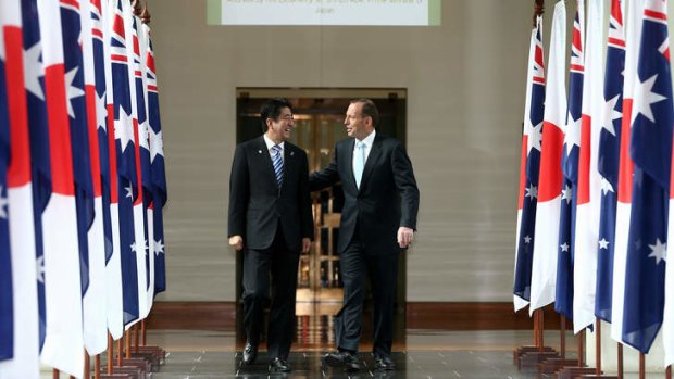 Shinzo Abe and Tony Abbott at the House of Representatives after Mr Abe's address. Photo: Alex Ellinghausen