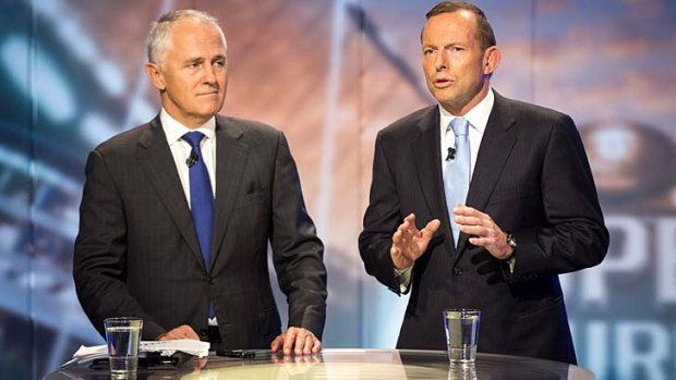 Copper tones: Malcolm Turnbull and Tony Abbott launch their broadband policy.