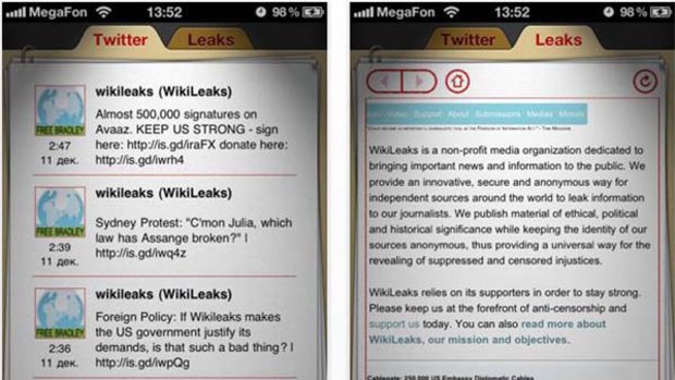A screen grab from the WikiLeaks iPhone app, which was banned by Apple.