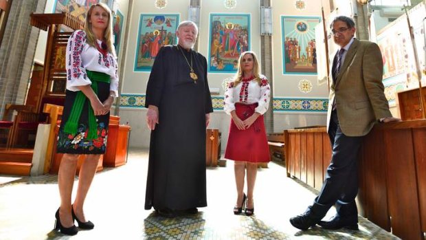 (left to right) Liana Slipetsky, Bishop Peter Stasiuk, Katya Slipetsky and Professor Marco Pavlyshyn at the Ukrainian Catholic Church in North Melbourne.